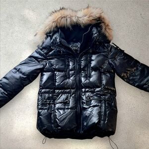 SAM. New York Down Filled Parka Puffer Jacket Jet Black Fur Trim Hood, See Meas.